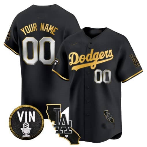 Custom Los Angeles Dodgers Vin & California Patch Gold Trim Vapor Premier Limited Jersey ¨C All Stitched-Black RONA