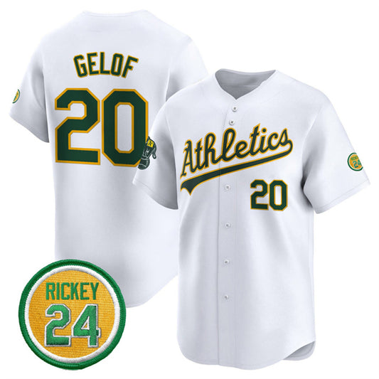Oakland Athletics #20 Zack Gelof White RONA 2024 Home Limited With Rickey Henderson Patch Stitched Jersey