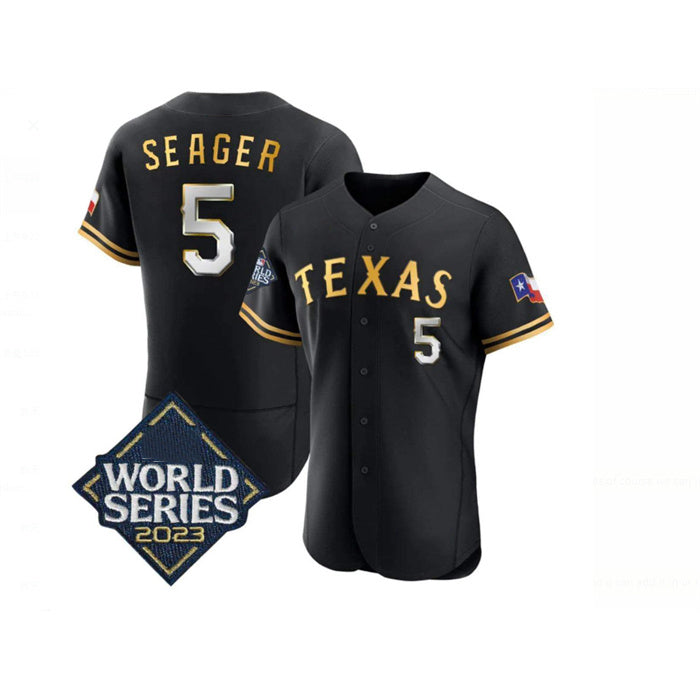 Texas Rangers #5 Corey Seager Black Gold RONA 2023 World Series Flex Base Stitched Jersey