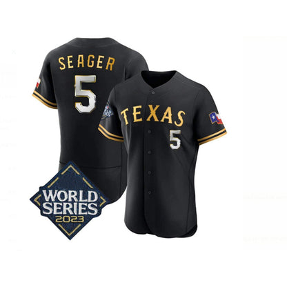 Texas Rangers #5 Corey Seager Black Gold RONA 2023 World Series Flex Base Stitched Jersey