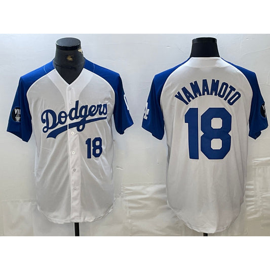 Los Angeles Dodgers #18 Yoshinobu Yamamoto Number White Blue RONA Fashion Stitched Cool Base Limited Jersey 2