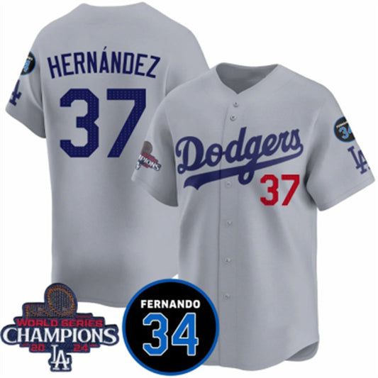 Los Angeles Dodgers #37 Teoscar Hernandez Gray RONA 2024 World Series Champions With Fernando Memorial Patch Vapor Premier Limited Stitched Jersey