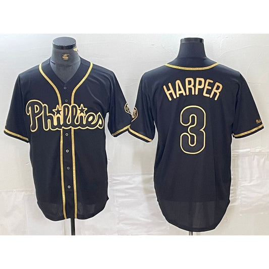 Philadelphia Phillies #3 Bryce Harper Black Gold RONA Cool Base Stitched Jersey