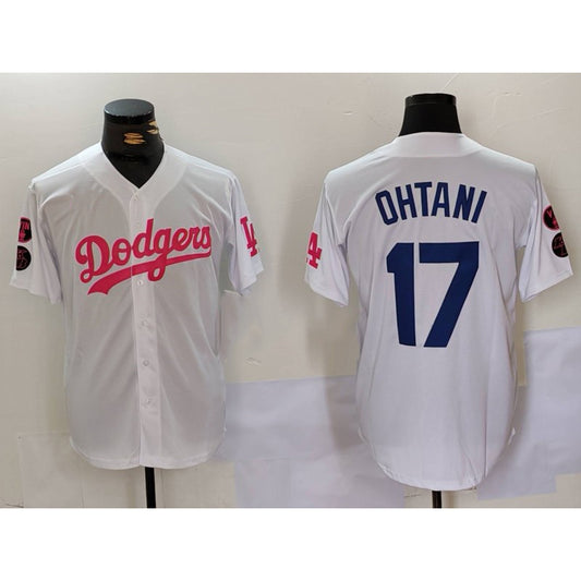 Los Angeles Dodgers #17 Shohei Ohtani White Pink RONA Vin & Kobe Patch Stitched Jersey 2