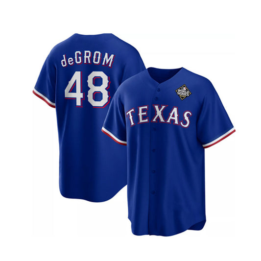 Texas Rangers #48 Jacob DeGrom Royal RONA 2023 World Series Cool Base Stitched Jersey
