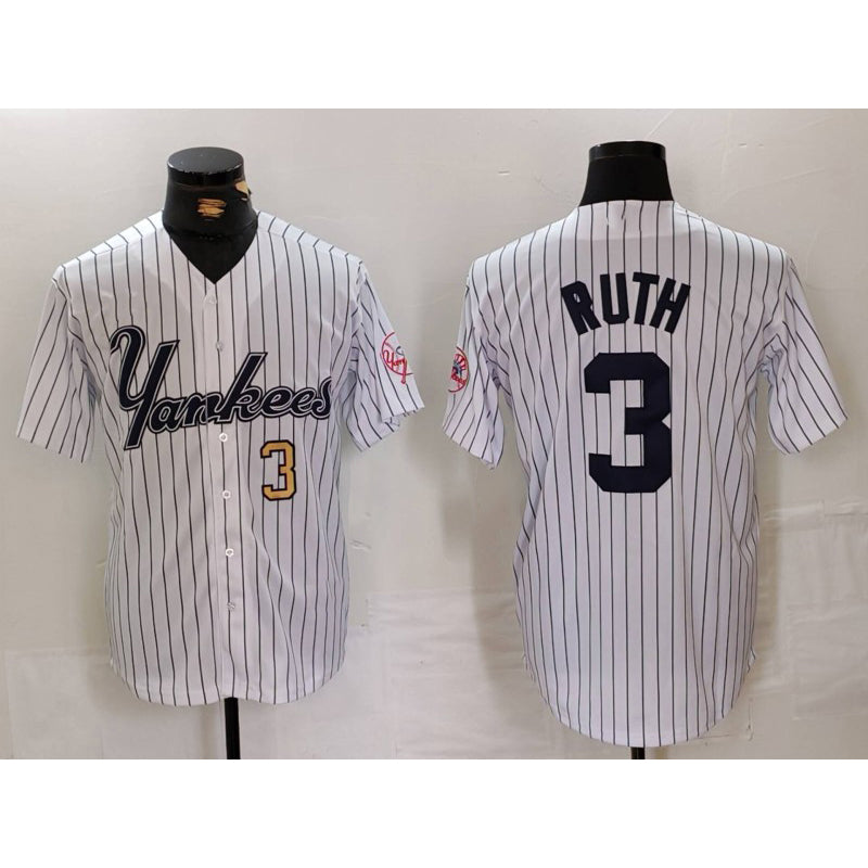 New York Yankees #3 Babe Ruth White RONA Pinstripe Fashion Cool Base Jerseys 2