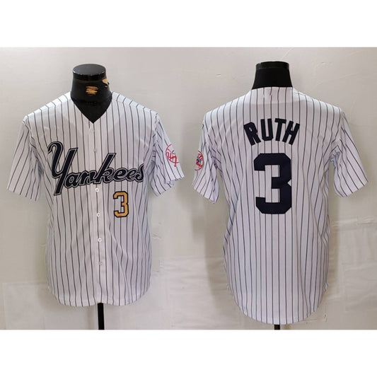 New York Yankees #3 Babe Ruth White RONA Pinstripe Fashion Cool Base Jerseys 2