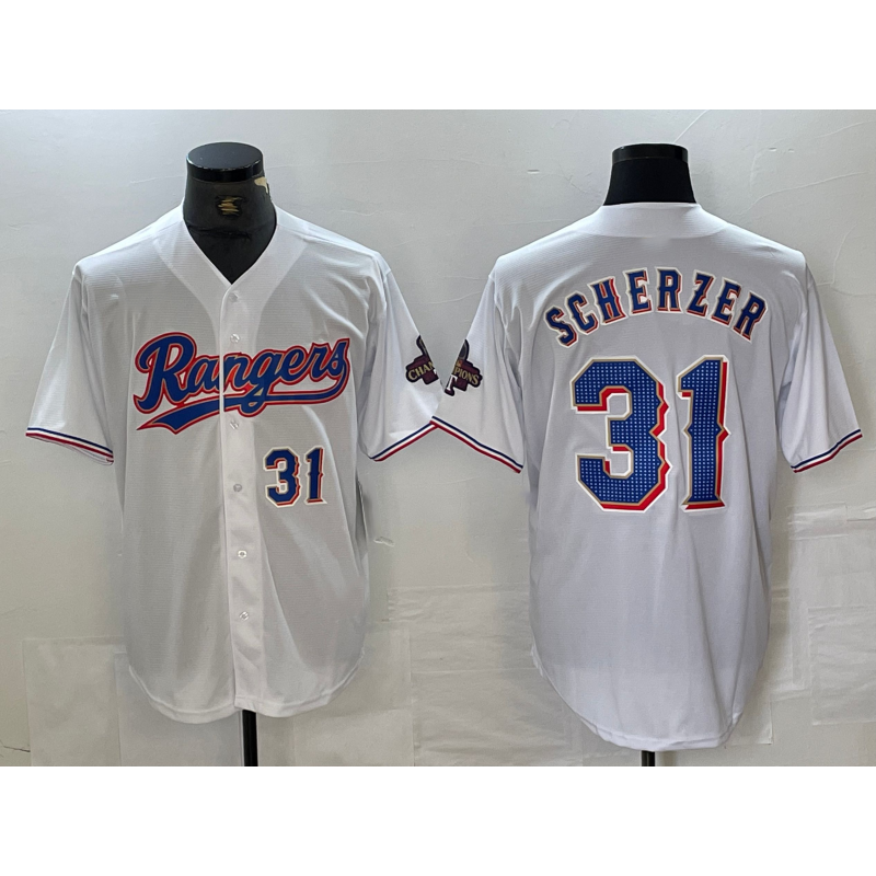 Texas Rangers #31 Max Scherzer Number White RONA 2023 World Series Champions Cool Base Jerseys