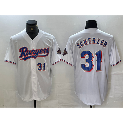 Texas Rangers #31 Max Scherzer Number White RONA 2023 World Series Champions Cool Base Jerseys