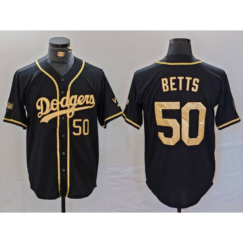 Los Angeles Dodgers #50 Mookie Betts Number Black Gold RONA World Series Champions Cool Base Stitched Jersey