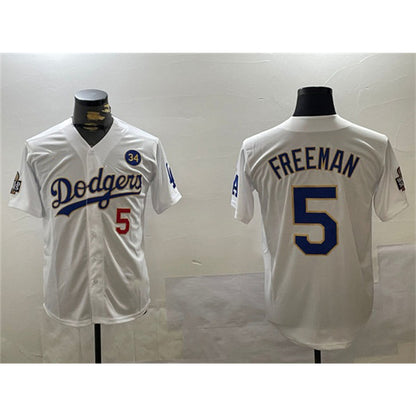 Los Angeles Dodgers #5 Freddie Freeman White Gold RONA 2024 World Series With No. 34 Patch Home Limited Stitched Jersey