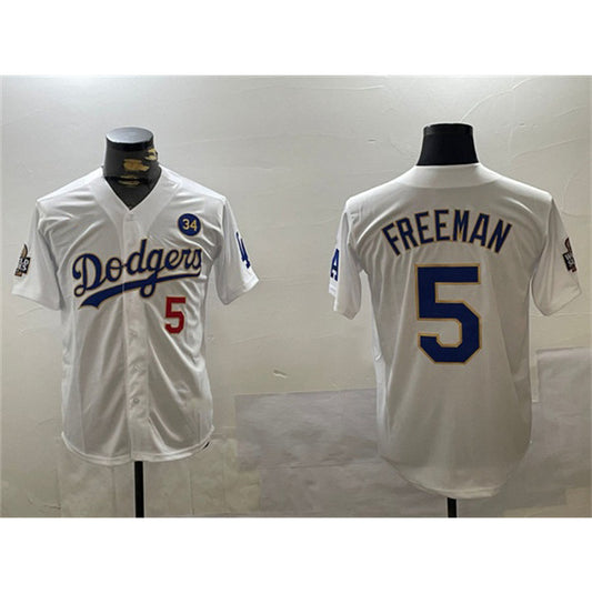 Los Angeles Dodgers #5 Freddie Freeman White Gold RONA 2024 World Series With No. 34 Patch Home Limited Stitched Jersey
