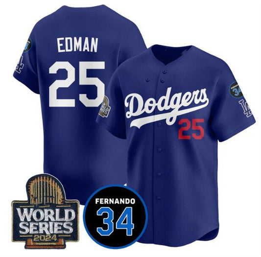 Los Angeles Dodgers #25 Tommy Edman Royal RONA 2024 World Series With Fernando Memorial Patch Alternate Limited Stitched Jersey