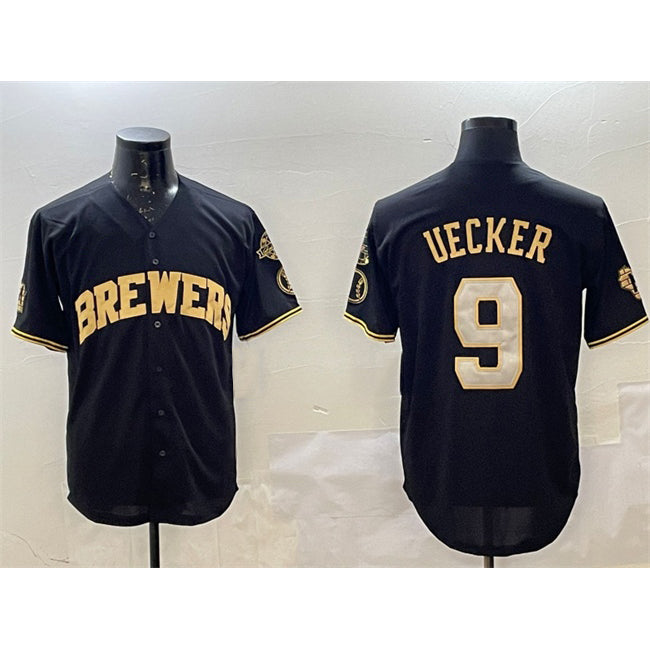 Milwaukee Brewers #9 Bob Uecker Black Gold RONA With Home Patch Limited Stitched Jersey
