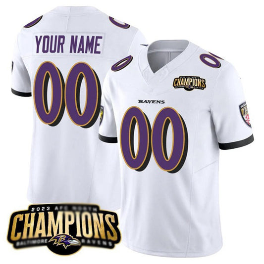 Custom B.Ravens Active Player White RONA 2023 F.U.S.E. AFC North Champions Vapor Limited Stitched Jersey