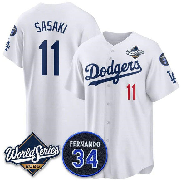 Los Angeles Dodgers #11 R¨­ki Sasaki White RONA 2025 World Series With No. 34 Patch Limited Stitched Jersey