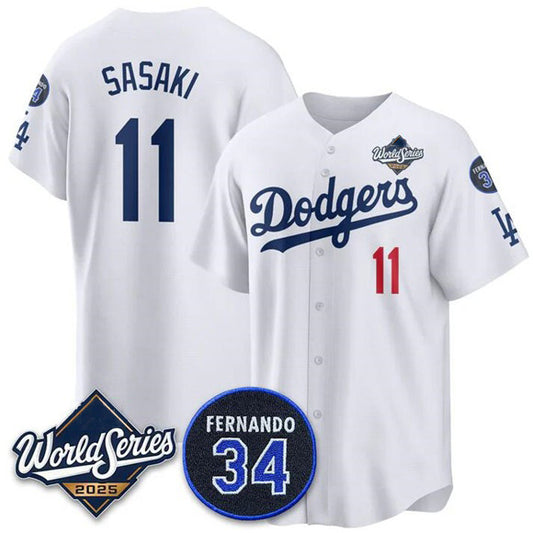 Los Angeles Dodgers #11 R¨­ki Sasaki White RONA 2025 World Series With No. 34 Patch Limited Stitched Jersey