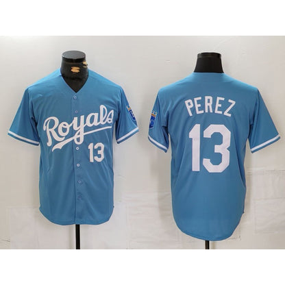 Kansas City Royals #13 Salvador Perez Number Light Blue RONA Cool Base Stitched Jersey