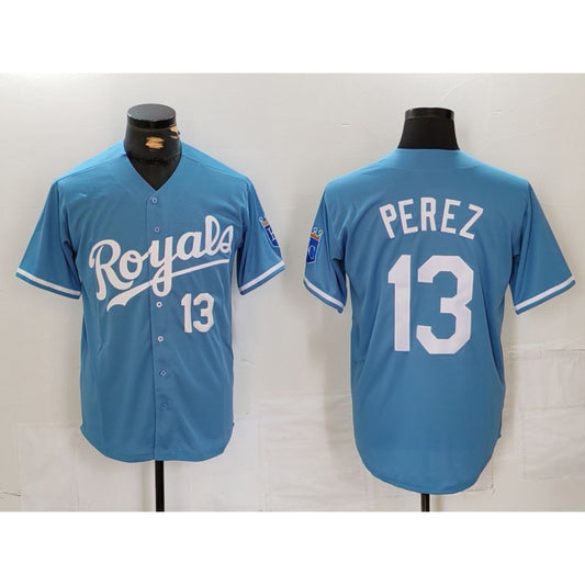 Kansas City Royals #13 Salvador Perez Number Light Blue RONA Cool Base Stitched Jersey
