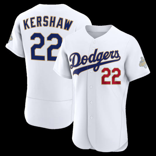 Los Angeles Dodgers #22 Clayton Kershaw White RONA 2026 Gold Collection Authentic Jersey