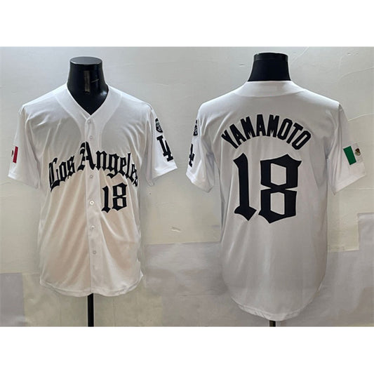 Los Angeles Dodgers #18 Yoshinobu Yamamoto White RONA Mexico 2025 LA Gothic Style With Fernando Patch Vapor Premier Limited Stitched Jersey