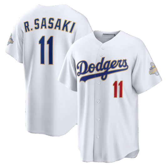 Los Angeles Dodgers #11 Roki Sasaki White RONA 2026 Gold Collection Stadium Jersey