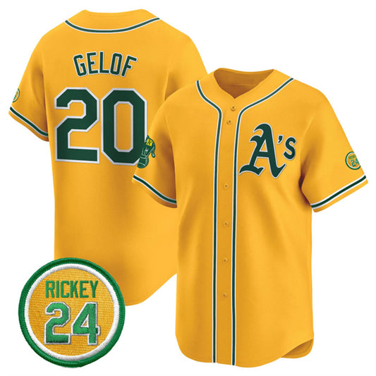 Oakland Athletics #20 Zack Gelof Yellow RONA 2024 Limited With Rickey Henderson Patch Stitched Jersey