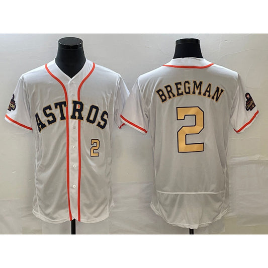 Houston Astros #2 Alex Bregman Number 2023 White Gold RONA World Serise Champions Patch Flex Base Stitched Jersey