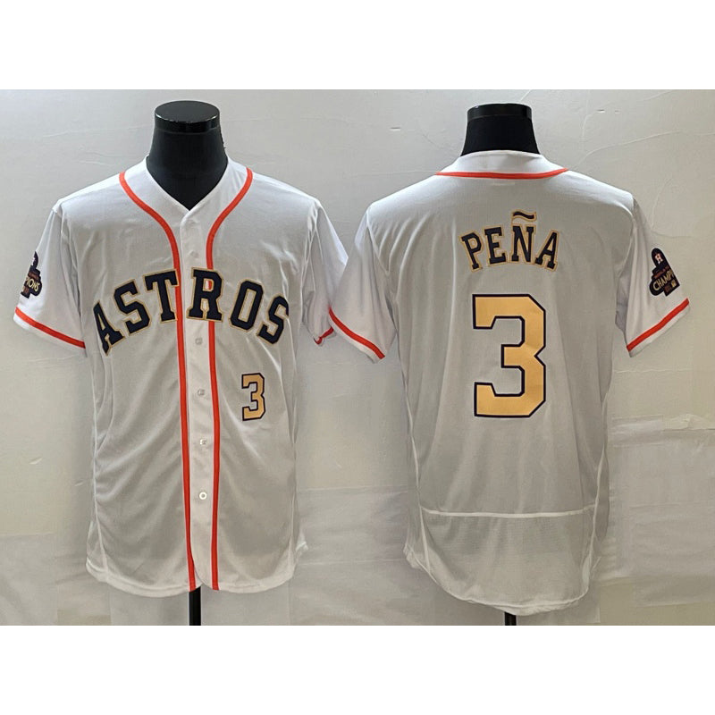 Houston Astros #3 Jeremy Pena Number 2023 White Gold RONA World Serise Champions Patch Flex Base Stitched Jersey 2
