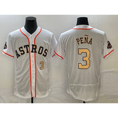 Houston Astros #3 Jeremy Pena Number 2023 White Gold RONA World Serise Champions Patch Flex Base Stitched Jersey 2