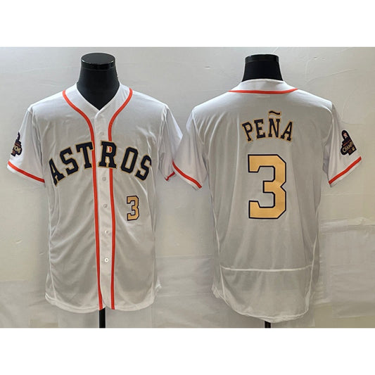 Houston Astros #3 Jeremy Pena Number 2023 White Gold RONA World Serise Champions Patch Flex Base Stitched Jersey 2