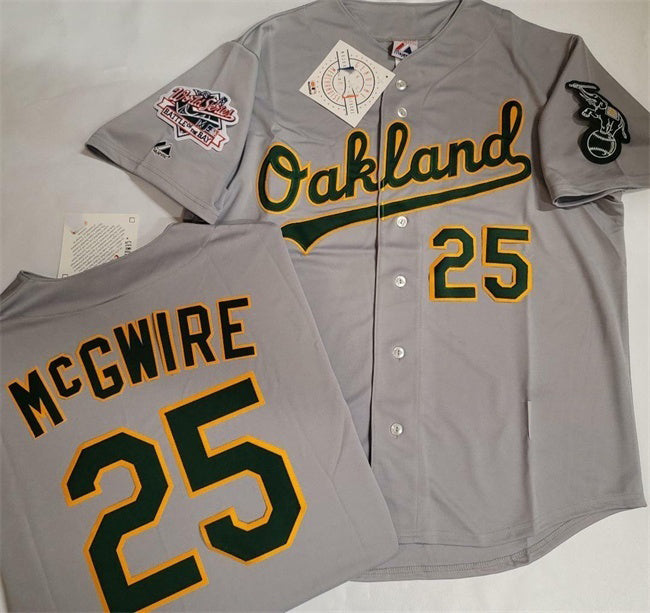 Oakland Athletics #25 Mark McGwire Grey With Green RONA Elephant & 1989 World Series Patch Battle of the Bay Stitched Jersey