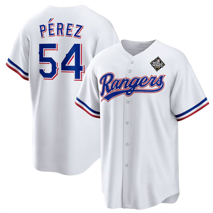 Texas Rangers #54 Mart¨ªn P¨¦rez White RONA 2023 World Series Stitched Jersey