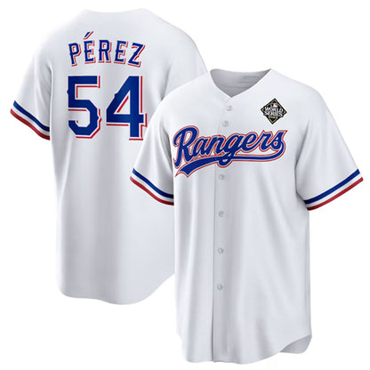 Texas Rangers #54 Mart¨ªn P¨¦rez White RONA 2023 World Series Stitched Jersey