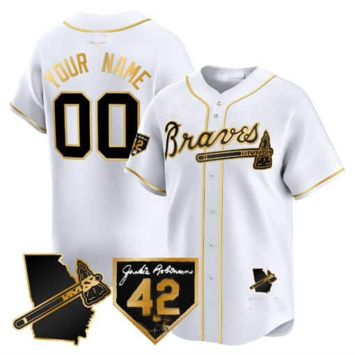 Custom Atlanta Braves 2024 Robinson & Georgia Patch Vapor Premier Limited Jersey ¨C White Gold RONA