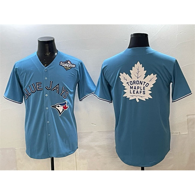 Toronto Blue Jays & Leafs Blue RONA 2025 World Series With White Leafs Logo Cool Base Stitched Jersey