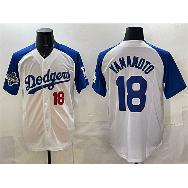 Los Angeles Dodgers #18 Yoshinobu Yamamoto White Royal RONA 2025 World Series Champions Patch Limited Stitched Jersey