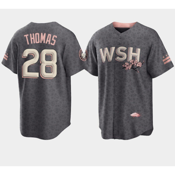 Washington Nationals #28 Lane Thomas 2022 Grey RONA City Connect Cherry Blossom Cool Base Stitched Jersey