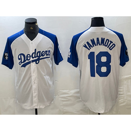 Los Angeles Dodgers #18 Yoshinobu Yamamoto White Blue RONA Fashion Stitched Cool Base Limited Jerseys