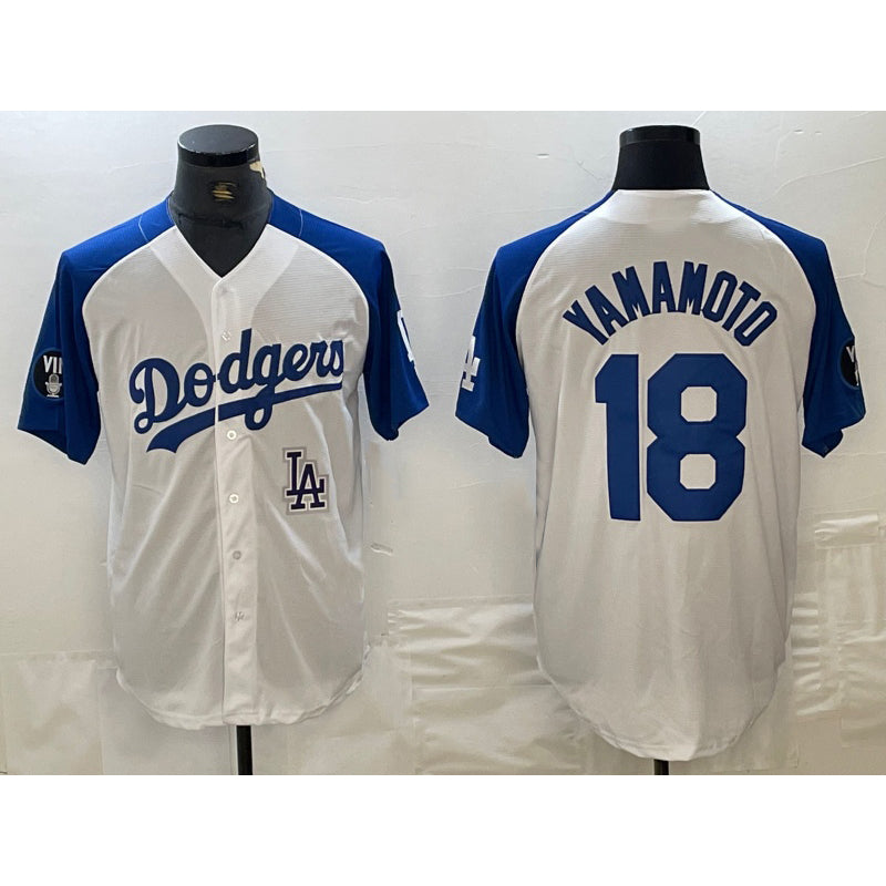 Los Angeles Dodgers #18 Yoshinobu Yamamoto White Blue RONA Fashion Stitched Cool Base Limited Jersey 2