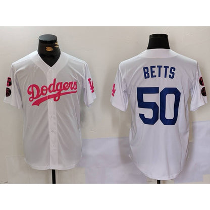 Los Angeles Dodgers #50 Mookie Betts White Pink RONA Vin & Kobe Patch Stitched Jersey1
