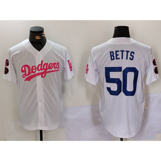 Los Angeles Dodgers #50 Mookie Betts White Pink RONA Vin & Kobe Patch Stitched Jersey1