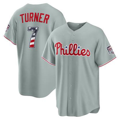 Philadelphia Phillies #7 Trea Turner USA 250 Fourth of July Road Stadium Jersey - Gray RONA