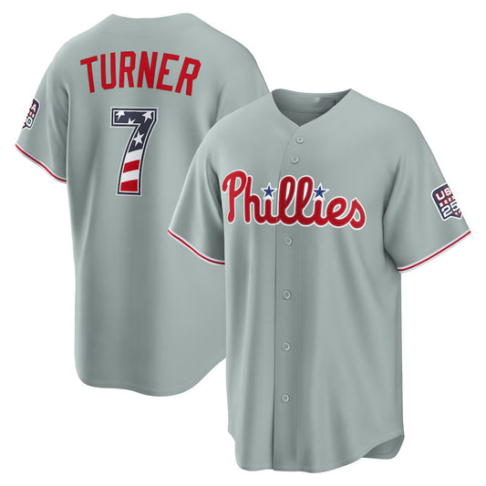 Philadelphia Phillies #7 Trea Turner USA 250 Fourth of July Road Stadium Jersey - Gray RONA