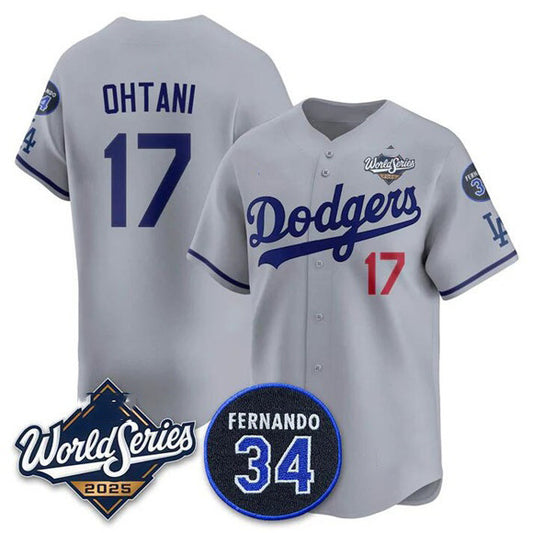 Los Angeles Dodgers #17 Shohei Ohtani Gray RONA 2025 World Series With No. 34 Patch Limited Stitched Jersey