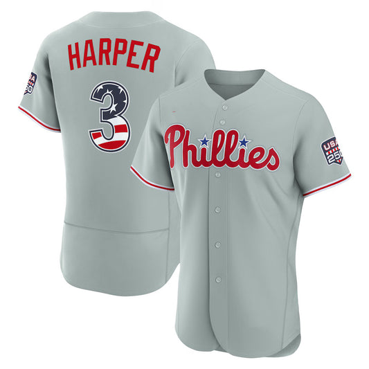 Philadelphia Phillies #3 Bryce Harper USA 250 Fourth of July Road Authentic Jersey - Gray RONA
