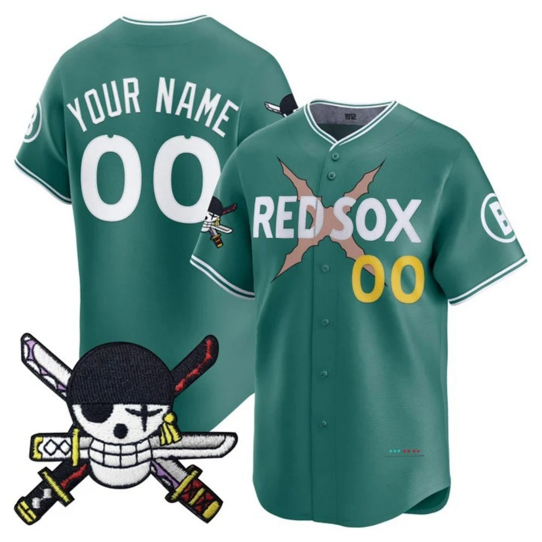 Custom Boston Red Sox x One Piece Green RONA Zoro Patch Vapor Premier Limited Jersey - Stitched
