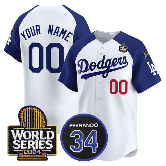 Custom Los Angeles Dodgers ACTIVE PLAYER White Royal RONA 2024 World Series With Fernando Memorial Patch Limited Stitched Jersey