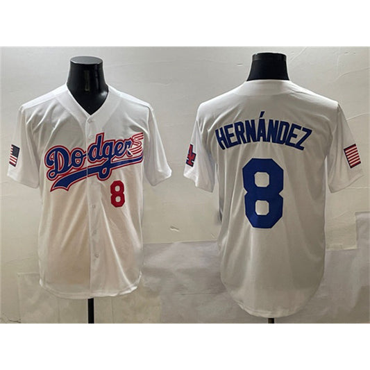 Los Angeles Dodgers #8 Enrique Hern¨¢ndez White RONA With American Flag Patch Limited Stitched Jersey