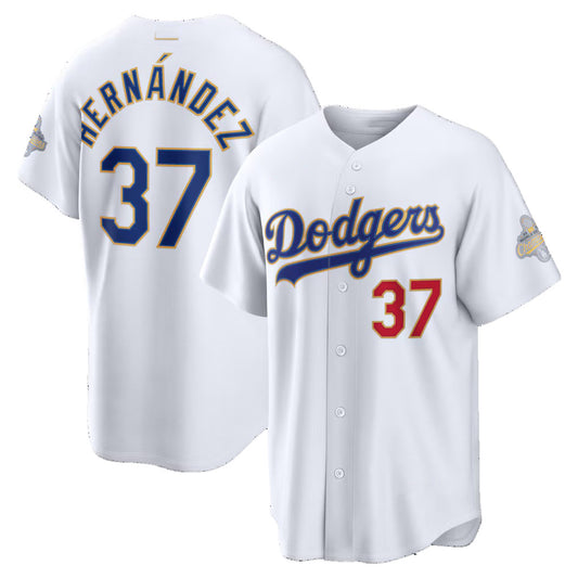 Los Angeles Dodgers #37 Teoscar Hern¨¢ndez White RONA 2026 Gold Collection Stadium Jersey